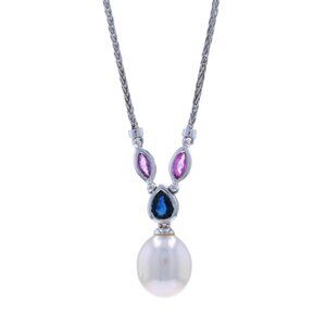 White Gold Cultured Pearl Sapphire Sapphire Drop Necklace 16 3/4" - 18k .61ctw